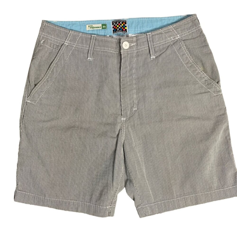 Quiksilver Flat Front Eco Friendly Shorts 32 Grey White Stripe Pocket Button Zip
